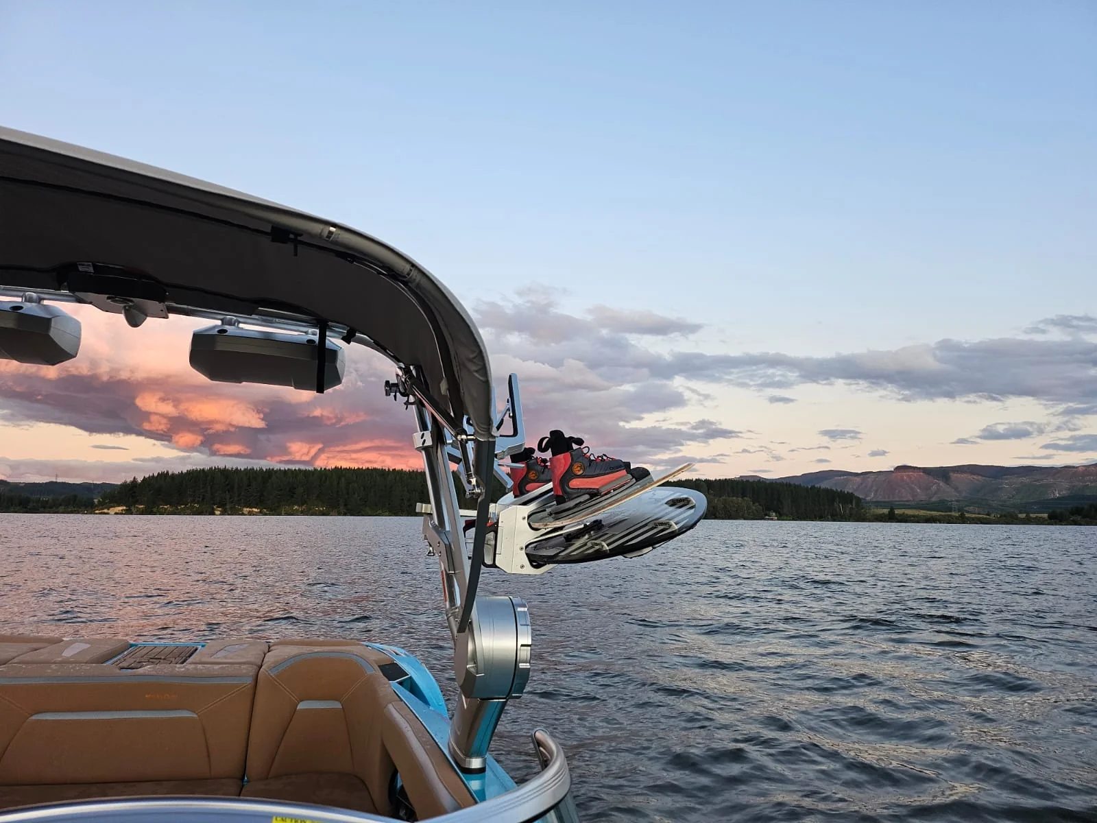 Lake Maraetai at sunset viewed from a MasterCraft boat